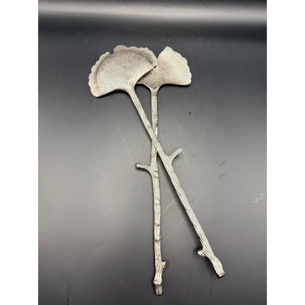 Vintage Ginkgo Leaf Salad Servers Silver Tone Botanical Serving Utensils